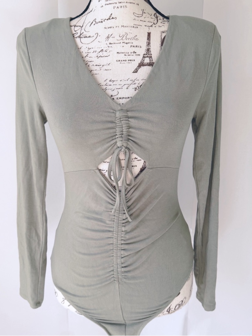 Astr Sage Green Ruched V-Neck Long Sleeve Bodysuit with Tie